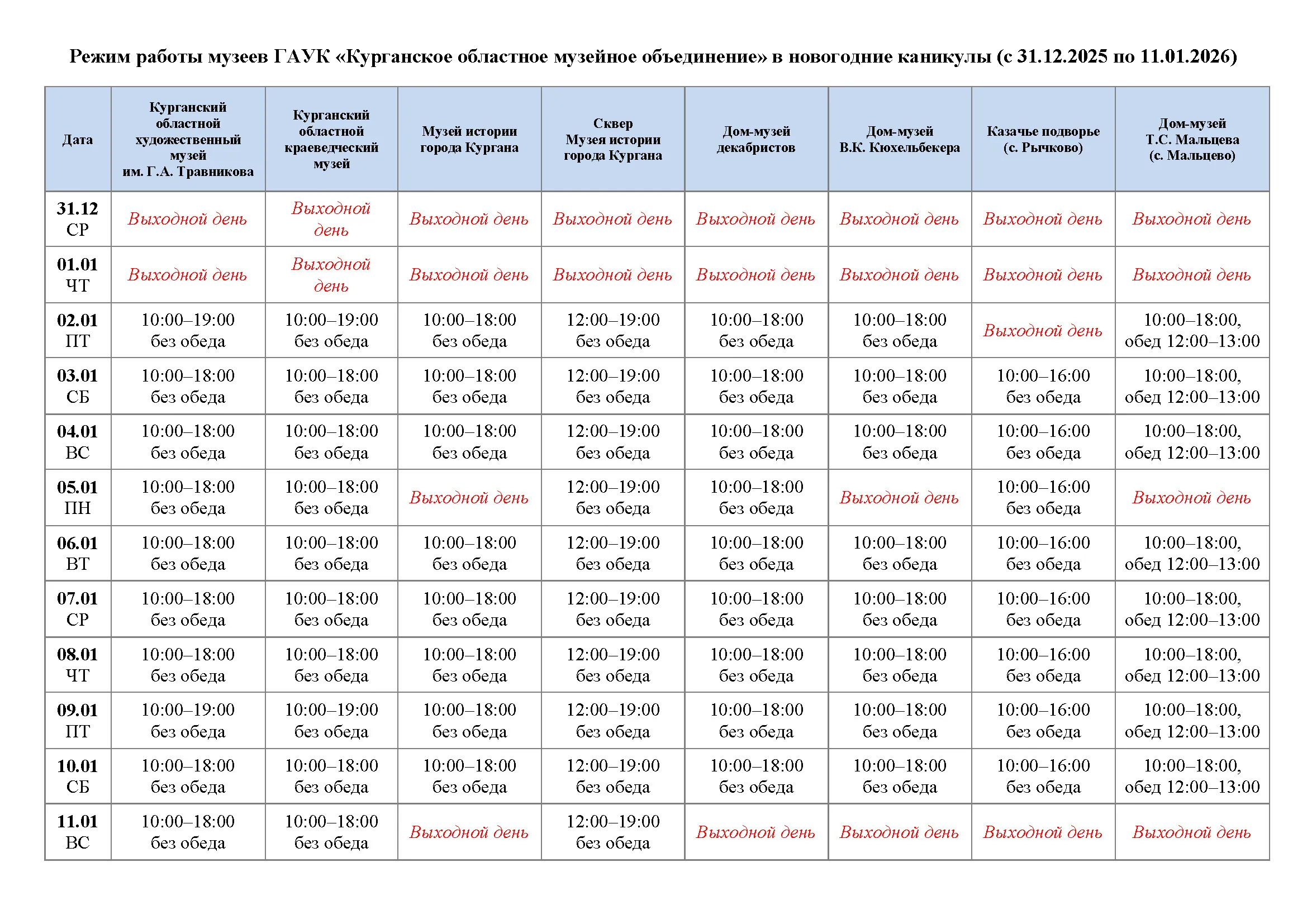 Режим работы музеев в праздники